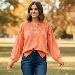 Anthropologie Pilcro Pintuck Sweatshirt Orange Size Medium Henley Ruffle